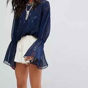 Free People Something Like Love Statement Sleeve Top in Navy Blue Size XS